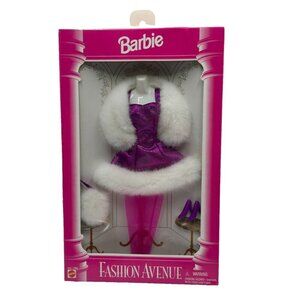 Vintage 1995 NIP Barbie Mattel Fashion Avenue Purple Party dress white fur 14980